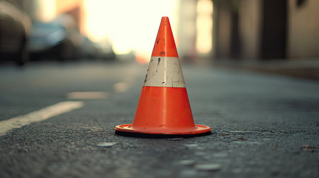 Focused shot of a traffic cone with a blurred background, leaving room for text or design elementsの素材