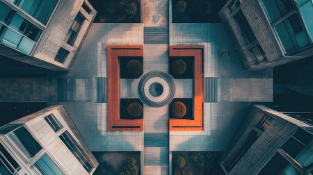 Aerial shot of podium-style architecture, highlighting geometric patterns with open space, perfect for architectural presentationsの素材