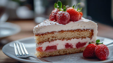 Close-up of a cake slice with a fork resting beside it on a plate, ready to be enjoyedの素材