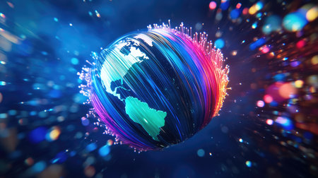 A futuristic earth globe with colorful fiber optic cables wrapped around it, signifying worldwide technology and communicationの素材