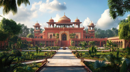 Traditional South Asian ruby-red palace surrounded by gardens, ready for your text, with ample copy spaceの素材