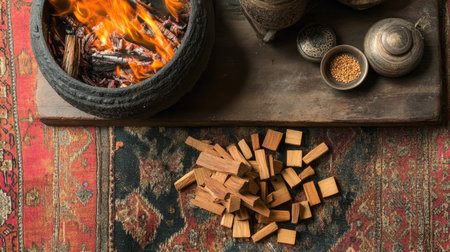 Zoroastrian sacred fire altar with sandalwood pieces arranged neatly beside it. High angle view, copy spaceの素材