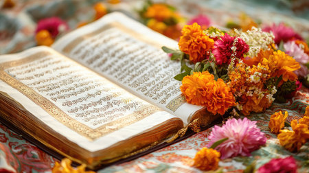 The Sikh scripture Guru Granth Sahib adorned with flowers and a ceremonial cloth. High angle view, copy space -の素材