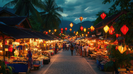 The bustling night market in Luang Prabang, Laos, filled with colorful lanterns and stalls. Copy space availableの素材