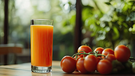 Glass of juice set beside a bunch of tomatoes on a table, capturing the essence of freshness and nutritionの素材