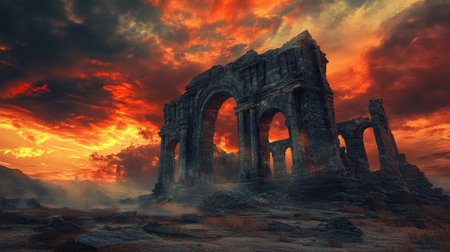 A ruby-stoned ancient ruin with a mystical aura under a dramatic sky, ready for your copy, ample spaceの素材