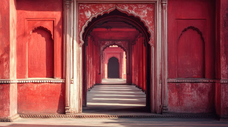 Ruby-hued colonial architecture in a vibrant South Asian market, ready for your text, ample copy spaceの素材