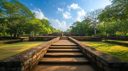 A wide-angle view of the historic ruins of Anuradhapura, Sri Lanka. Copy space availableの素材