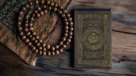 Muslim prayer beads (Misbaha) and an ornate Quranic verse plaque on a wooden surface. High angle view, copy spaceの素材