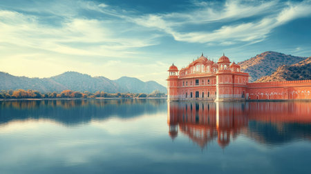A majestic ruby-red palace reflecting in a calm lake, perfect for travel brochures, with copy spaceの素材