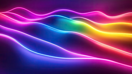 Pride flag colors illuminated in neon lights against a smooth gradient background, forming dynamic patterns and shapesの素材