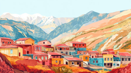 Ruby-colored mountainside village with traditional houses, ideal for adding text, with copy spaceの素材
