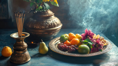Hindu temple bells, incense holder, and an offering tray with fruits and flowers. High angle view, copy spaceの素材