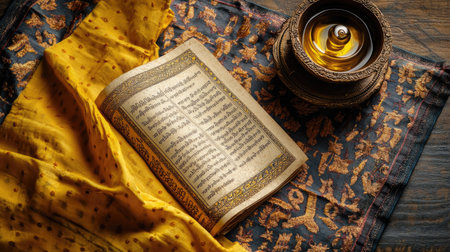 Jain religious scripture Kalpa Sutra placed on a decorated cloth with an oil lamp. High angle view, copy spaceの素材