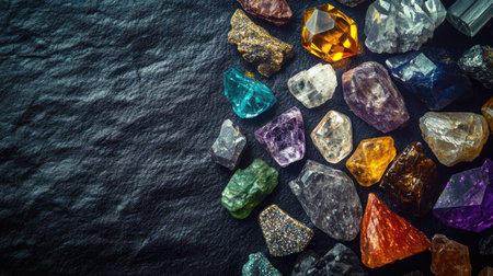 Assorted rough gemstones spread across a black velvet surface, with a few sparkling under the light. No people, copy spaceの素材