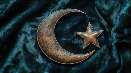 Muslim crescent moon and star symbol crafted in metal, placed on a velvet cloth. High angle view, copy spaceの素材