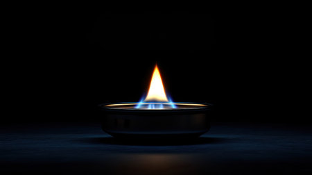 Natural gas burner with a bright blue flame, isolated against a dark, black background. No people, copy spaceの素材