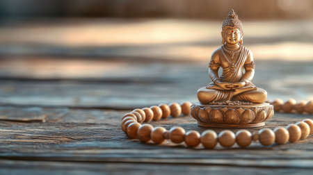 Jain prayer beads (Mala) and a small idol of Lord Mahavira on a wooden platform. High angle view, copy spaceの素材