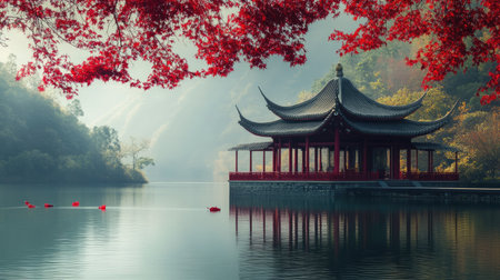 A serene ruby-hued lakeside temple with a tranquil atmosphere, ideal for adding text, with copy spaceの素材