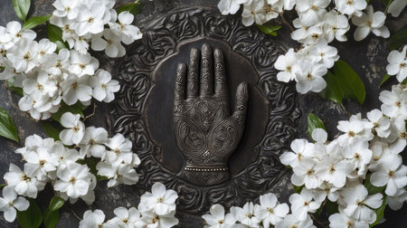 Jain hand symbol of Ahimsa made of metal, surrounded by white flowers. High angle view, copy spaceの素材