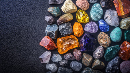 Assorted rough gemstones spread across a black velvet surface, with a few sparkling under the light. No people, copy spaceの素材