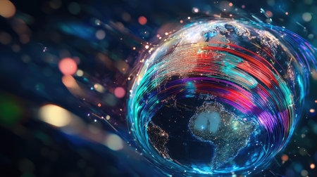 A futuristic earth globe with colorful fiber optic cables wrapped around it, signifying worldwide technology and communicationの素材