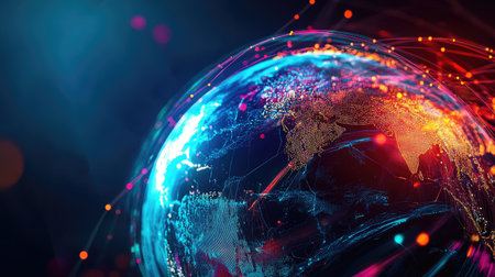 A digital earth globe with vibrant fiber optic trails circling it, illustrating global technology and network connectionsの素材