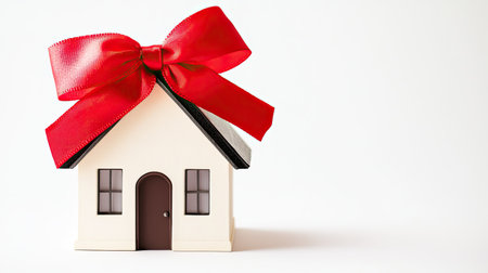 Small house model adorned with a red bow, set against a white background with ample space for text or designの素材