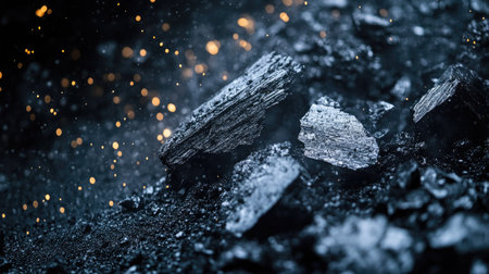 A close-up of coal chunks on a rough, dark surface, with scattered coal dust. No people, copy spaceの素材