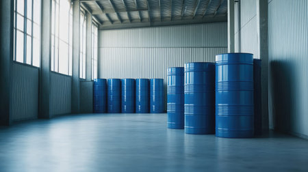 Blue oil barrels arranged in a warehouse setting, with a clean background and space for text, emphasizing industrial storageの素材