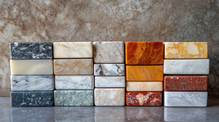 Marble blocks in various colors and patterns, arranged in a neat stack on a smooth surface. No people, copy spaceの素材