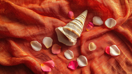 Hindu conch shell (Shankh) placed on a sacred red cloth with flower petals around it. High angle view, copy spaceの素材