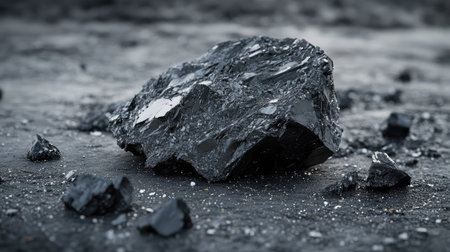A large lump of coal, surrounded by smaller fragments and dust on a rough surface. No people, copy spaceの素材