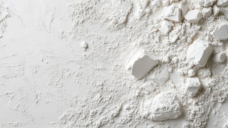 Kaolin clay, finely ground, spread across a flat surface, with small piles and scattered powder. No people, copy spaceの素材