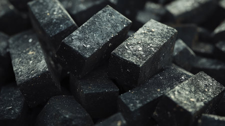 A close-up of coal briquettes neatly stacked, with dust and small fragments visible. No people, copy spaceの素材