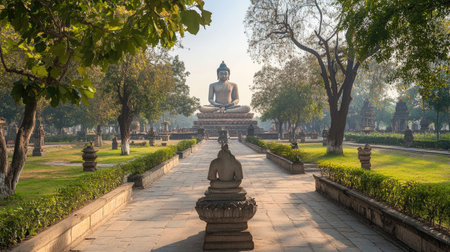 The peaceful grounds of Mahabodhi Temple in Bodh Gaya, India. Copy space availableの素材