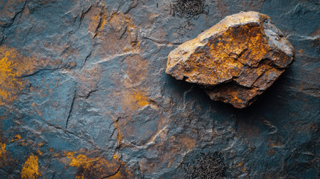 Iron ore with a rusty, rugged appearance, placed on a steel surface with iron filings around. No people, copy spaceの素材