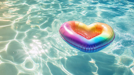 A heart-shaped pool float in bright rainbow colors, resting on the surface of a clear, sparkling poolの素材