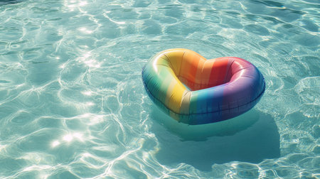 A heart-shaped pool float in rainbow hues, peacefully floating in a crystal-clear swimming pool, with a sunny, invitingの素材