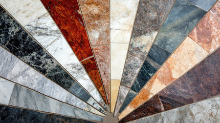 Marble tiles arranged in a fan pattern, showcasing different colors and textures. No people, copy spaceの素材