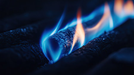 Natural gas flame burning with a bright blue hue, set against a dark background. No people, copy spaceの素材