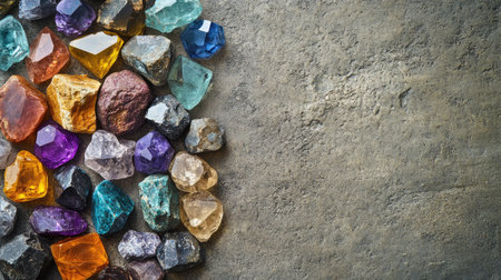 Unpolished gemstones, in a variety of colors and shapes, laid out on a textured background. No people, copy spaceの素材