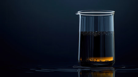 Petroleum in a glass beaker, reflecting light with its deep, dark color. No people, copy spaceの素材