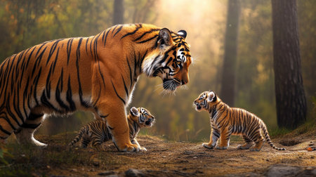 A Bengal tiger playfully interacting with its cubs in a forest clearing. Copy space availableの素材