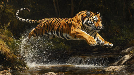 A Bengal tiger leaping across a small stream, its body in full motion. Copy space availableの素材