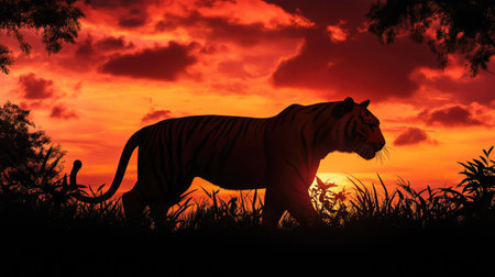 The Bengal tiger silhouette against a fiery sunset in the jungle. Copy space availableの素材