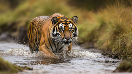The Bengal tiger wading through a shallow stream, water droplets glistening on its fur. Copy space availableの素材