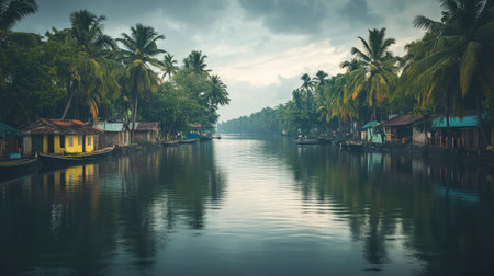 The serene backwaters of Kerala with traditional houseboats cruising. Copy space availableの素材
