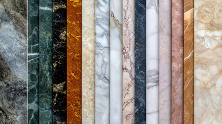Marble slabs of various colors stacked neatly, showcasing their polished surfaces and veins. No people, copy spaceの素材