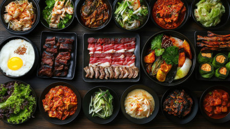 A vibrant spread of Korean BBQ dishes including galbi and banchan. Great for showcasing Korean diningの素材